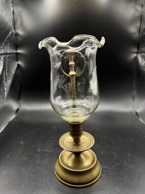 Solid Brass Glass Hurricane Lamp Etched Floral Design Decorative Handle Vintage